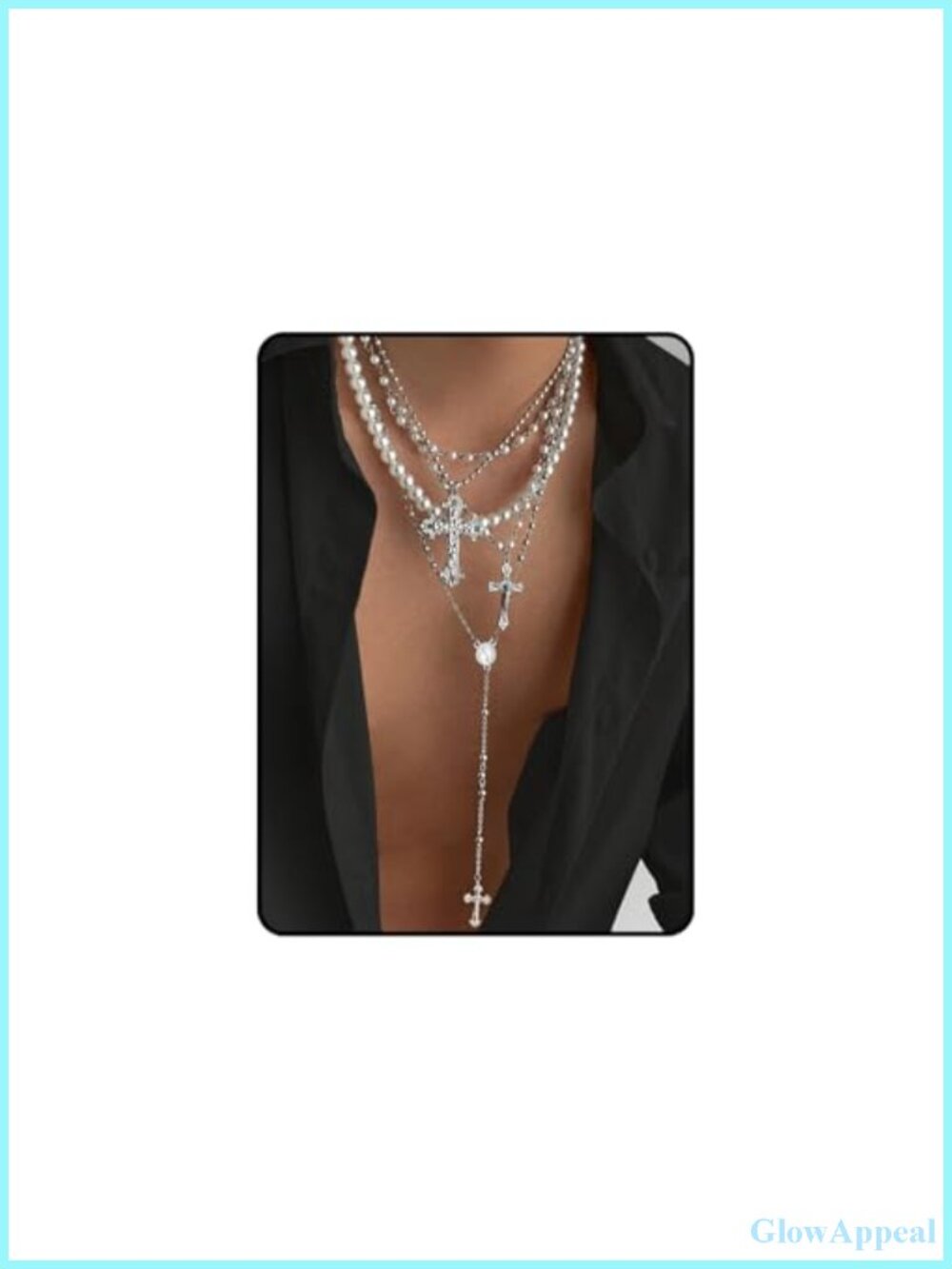 Silver Layered Cross Necklace Set for Women, 4Pcs Pearl Rosary Choker Chunky